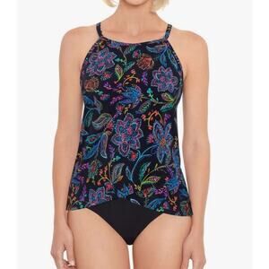 Swim Solutions Women's High-Neck Underwire Tankini Top Black Floral 24W NWT